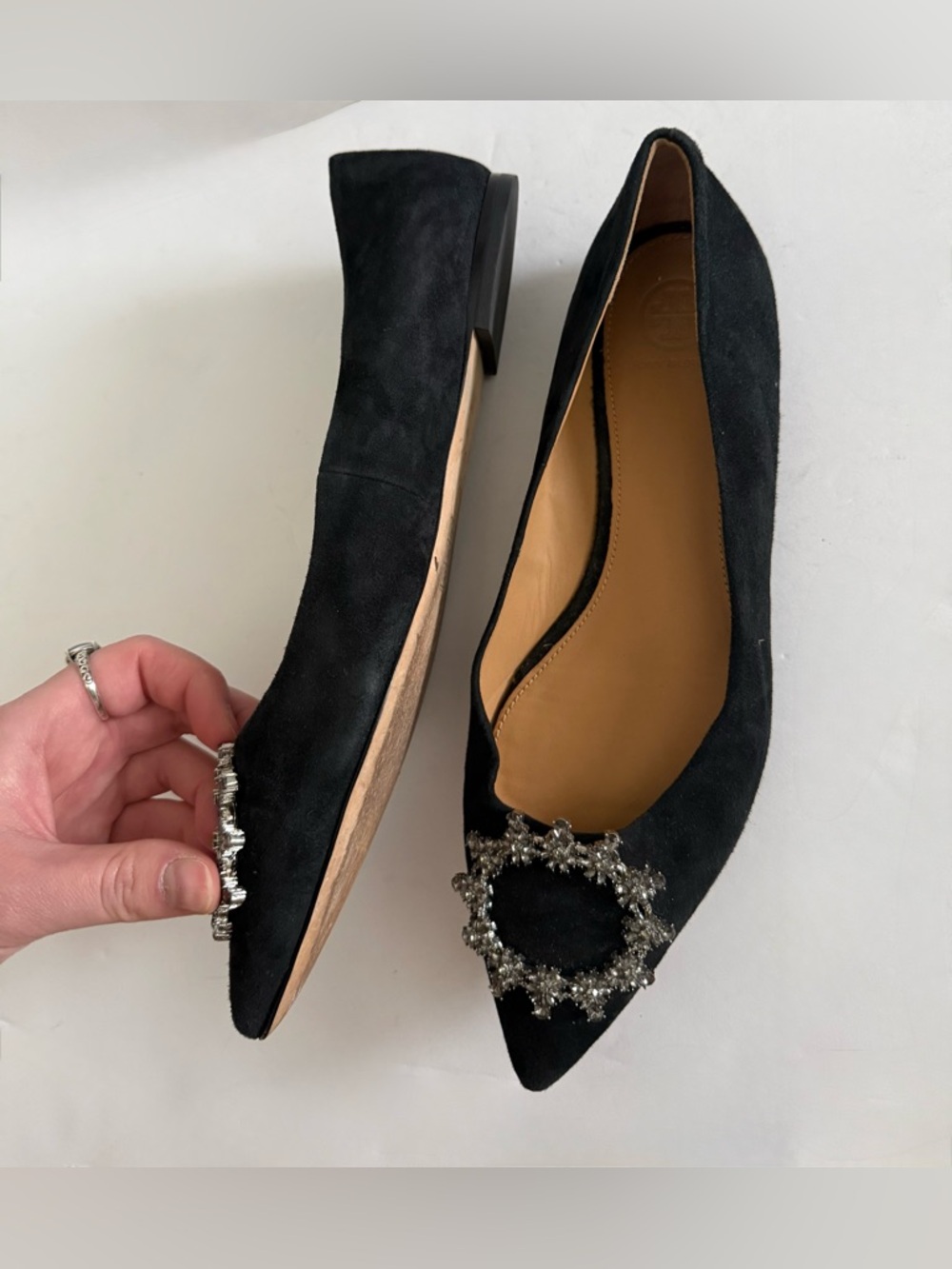 Tory Burch Black Pointed Toe Flats with Crystal Embellishment - Picture 14 of 14